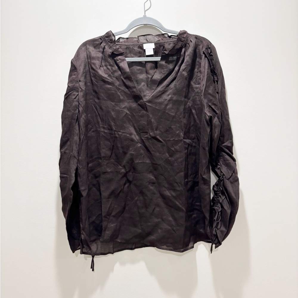 CHICOS Women’s Dark Brown Long Sleeve Cinch Detail Lightweight Ramie Lyocell Top